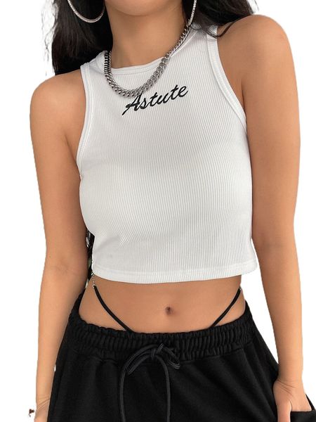 

dazy letter embroidery rib-knit tank f57v#, White