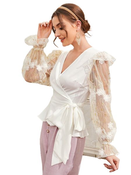 

1pc surplice neck contrast lace tie side blouse z1ge#, White