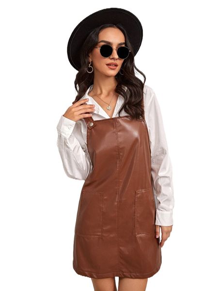 

slant pocket pu leather overall dress without blouse s8ww#, Black;gray