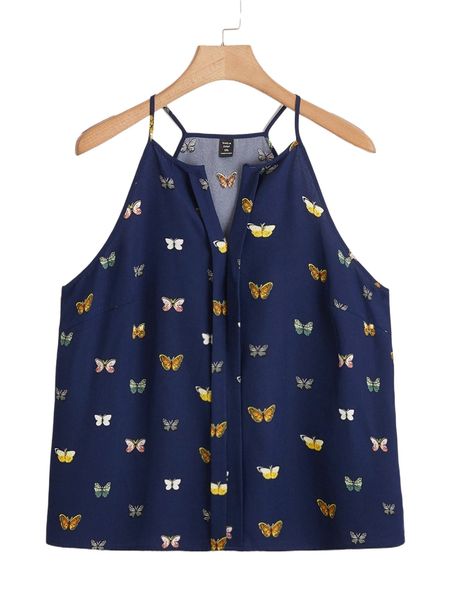 

plus butterfly print notched neckline cami o1bk#, Black