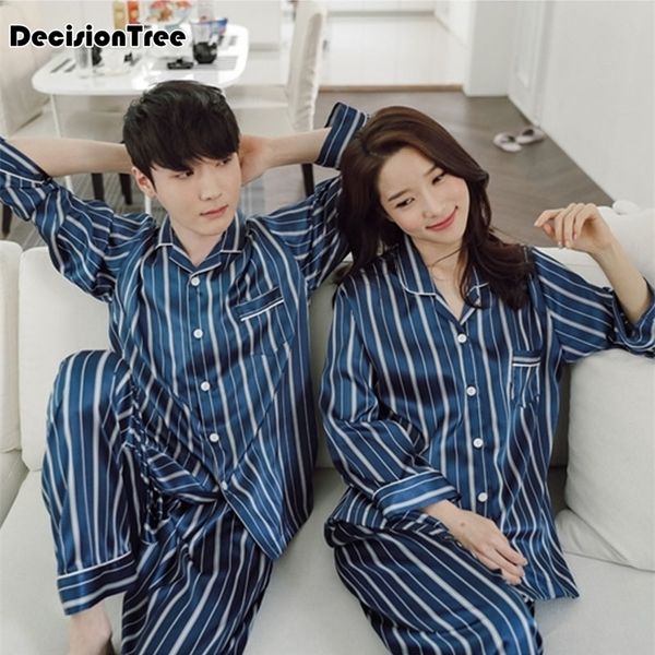 

2020 pijama hombre sleepwear silk satin couple pajamas set long sleeve trousers sleepwear women mens silk pyjamas striped print lj201112, Black;brown