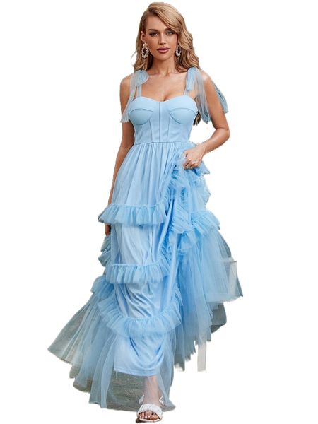 

missord tie shoulder layered hem bustier mesh maxi cami dress 857m#, Black;gray