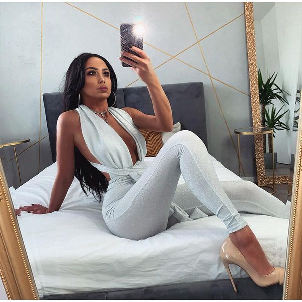 

women's jumpsuits & rompers deep v neck sleeveless jumpsuit for women glitter hollow out party playsuit female bodycon solid club suit, Black;white