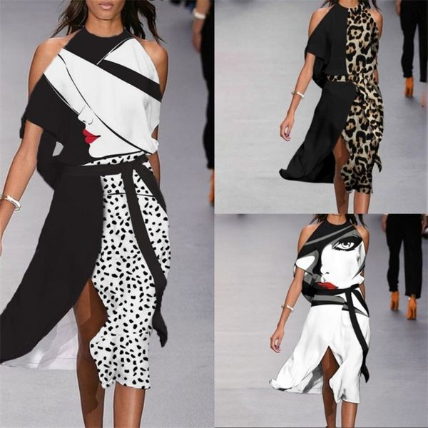 

retro pattern print dress women elegant short sleeve off shoulder midi es summer office halter loose slit party 226014, Black;gray