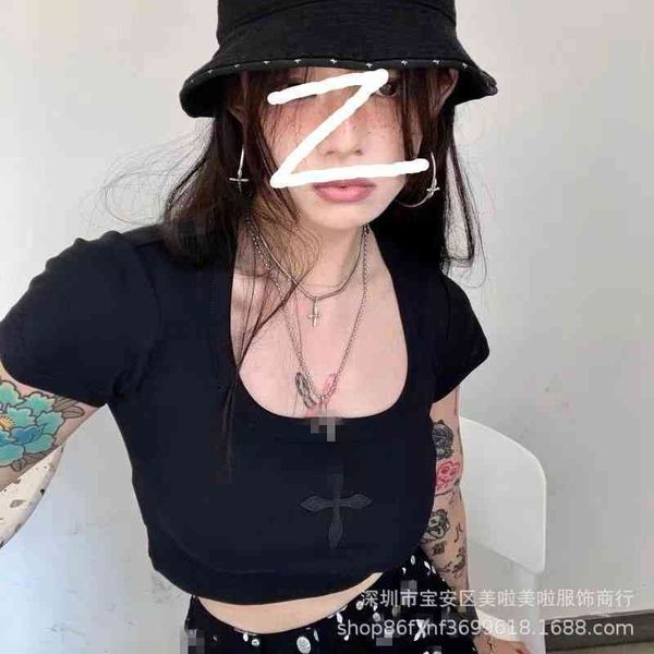 

high-quality women's clothing independent designer brand national trendy training t-shirt tek black cross short collar, White
