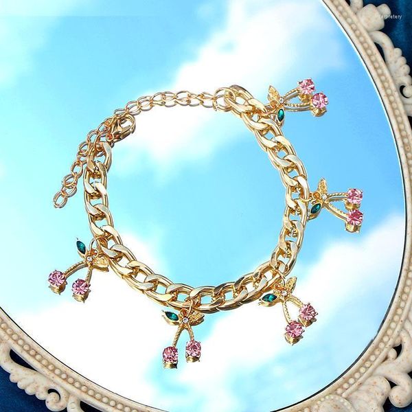 Cadeia de link 2022 Moda Sweet Cherry Crystal Pingente Bracelet for Women Gold Silver Color Metal Metal Cuban Jewelry Gift INTE22