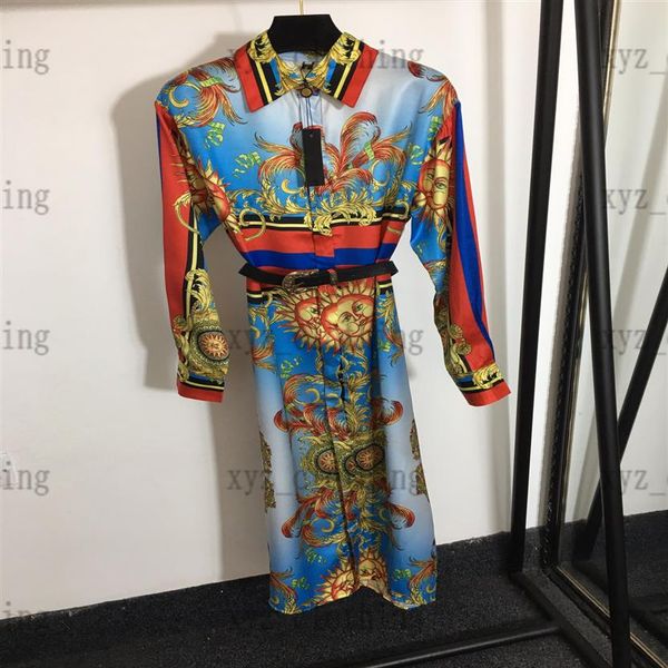 

2022ss summer women long dresses vintage floral print belt nipped waist shirt dress long-sleeve dresss button pleated polo skirt s280g, Black;gray