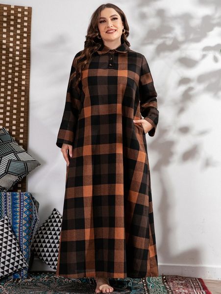 

plus plaid hidden pocket polo neck dress g4fr#, Black