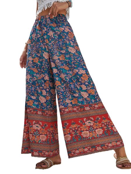 

floral print wide leg pants h21n#, Black;white