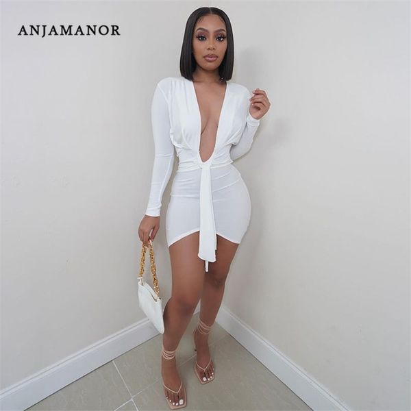 

anjamanor deep v neck long sleeve dresses for women black white bodycon mini dress night club outfits d21-ce22 220409, Black;gray