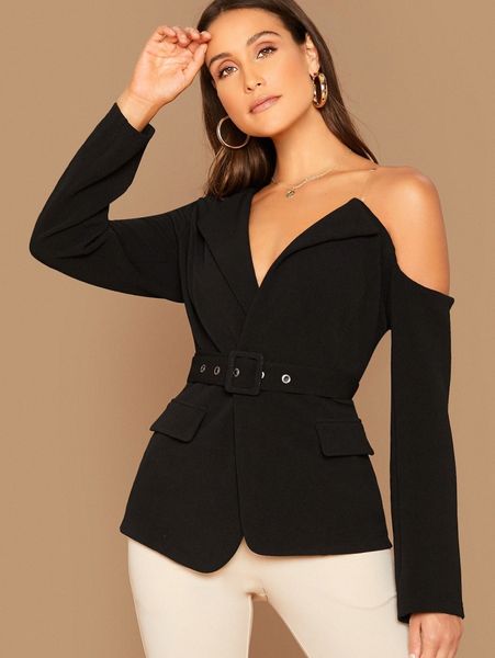 

asymmetrical neck belted blazer u73c#, White