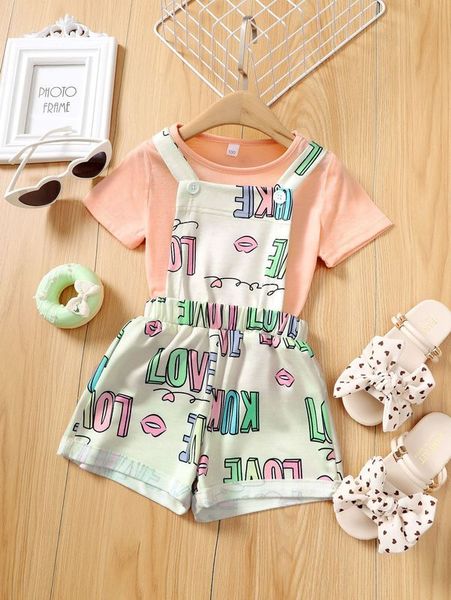 

toddler girls tee & lip & letter graphic overall romper she, White
