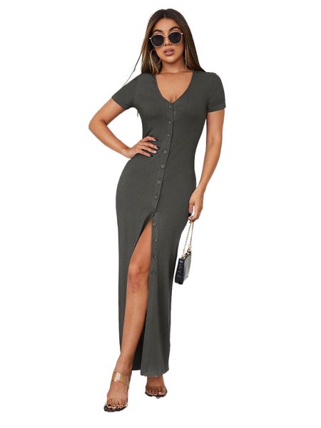 

button front maxi dress y5ww#, Black;gray