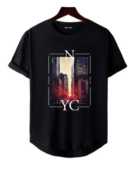 

men skyscraper & letter graphic high low tee x4hl#, White;black
