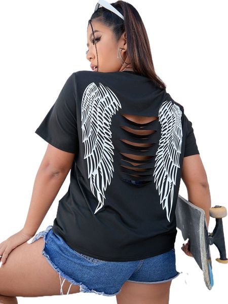 

plus wing print cut out back tee 65sh#, Black