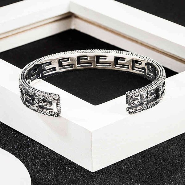 

sterling silver s925 double carved opening hollowed out letters old simple men's and women's wide version bracelet us design jewel, Black