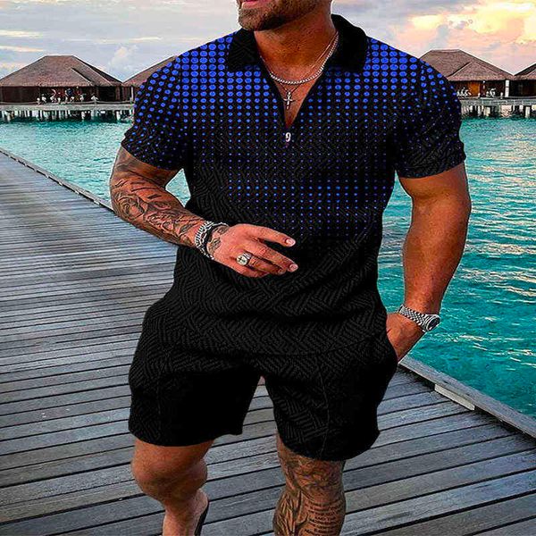 

new gradient dot printing men's polo suit fashion short sleeve polo shirt & shorts two pieces men casual s-3xl, Gray
