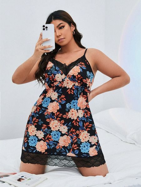 

plus floral print contrast lace nightdress c5hq#, Black;white
