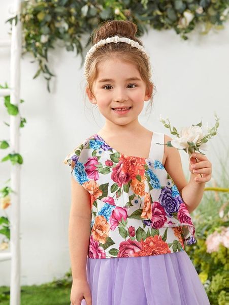

toddler girls floral print asymmetrical shoulder she, White;black