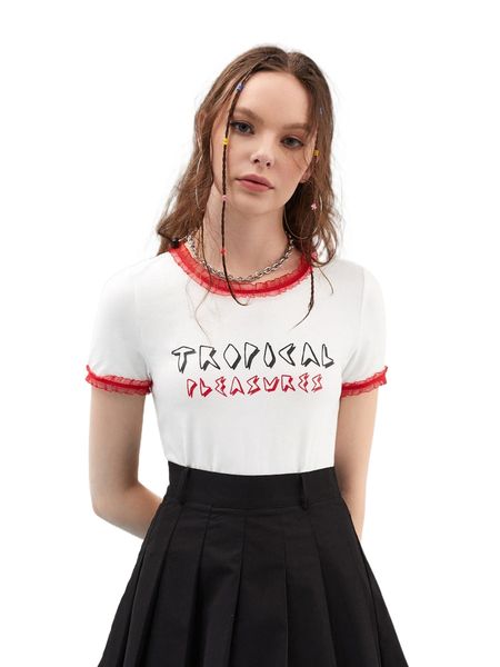 

x ry foat letter graphic contrast mesh frill trim tee q89m#, White