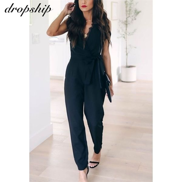 

dropship lace v neck sleeveless women summer jumpsuit casual loose lace up belf pocket female jumpsuit tight leg black trousers y200904, Black;white