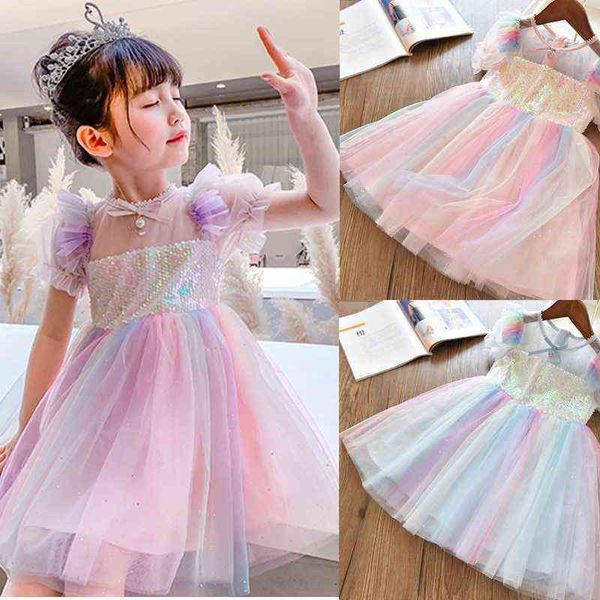Gökkuşağı prenses parti elbiseleri çocuklar yazlık elbise payetleri kız kızlar doğum günü kıyafetleri zarif gelinlik çocuklarının kıyafetleri g220518