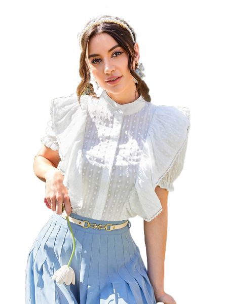 

mock neck ruffle trim swiss dot blouse j5vv#, White