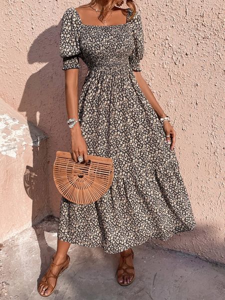 

ditsy floral print shirred puff sleeve ruffle hem dress i14l#, Black;gray