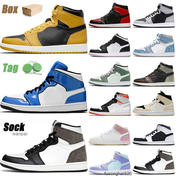 

jumpman 1 1s basketball shoes pollen signal blue dark mocha men women fearless smoke grey pink quartz trainers sneakers size air og designer, Black