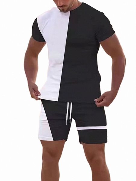 

men two tone tee & drawstring waist shorts y2y1#, Gray