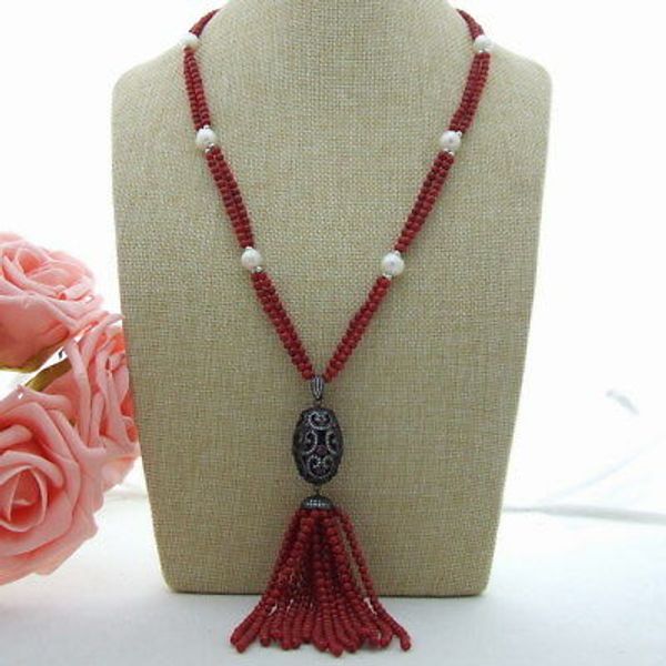 

freshwater pearl red round coral 24&quot necklace zircon pendant, Silver