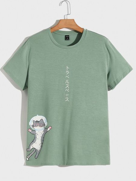 

men cartoon cat & japanese slogan graphic tee 487b#, White;black