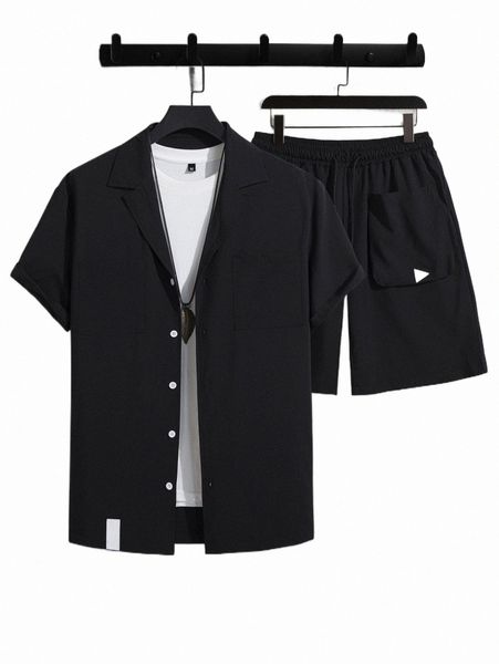 

men patch detail shirt & drawstring waist shorts without tee n2yq#, Gray