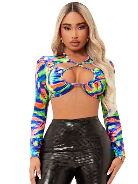 

sxy tie dye cutout crisscross velvet crop r9vl#, White