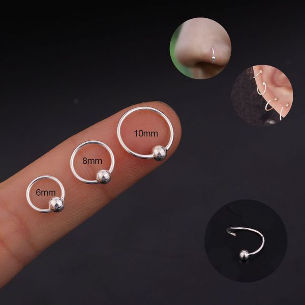 Nasenring aus 925er-Sterlingsilber, Ohrstecker, Fake-Ohrringe, Körper-Lippen-Piercing-Schmuck, Anti-Allergen-Kugel, Huggie-Creolen, Einfädler, durchziehbarer offener Ohrring