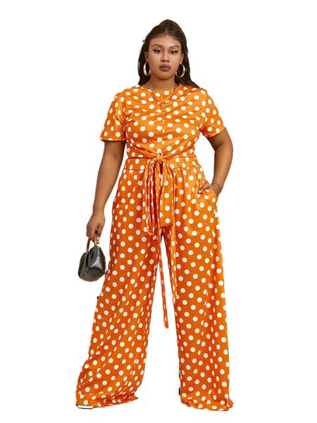 

plus polka dot print belted & wide leg pants 65lm#, Black