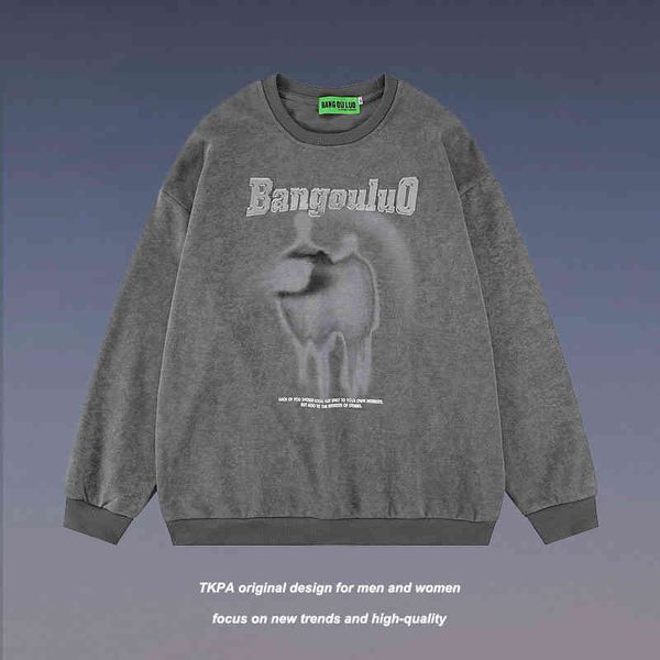 

tkpa autumn hip hop wash used print round neck sweater men and women guochao street loose couple pullover, Black