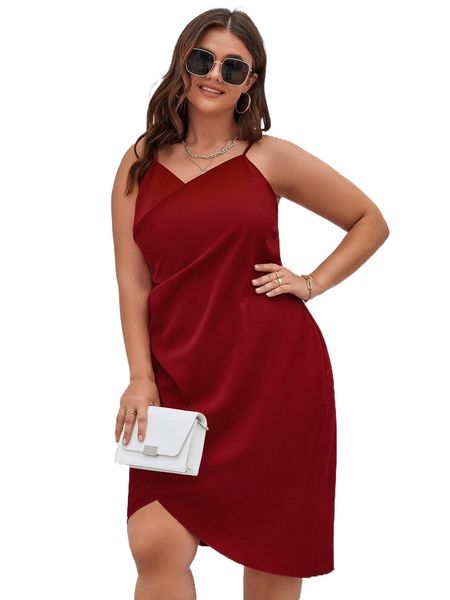 

plus solid surplice neck wrap hem cami dress r41y#, Black