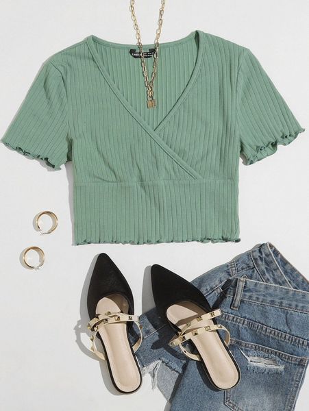 

surplice neck rib-knit solid tee w5vu#, White