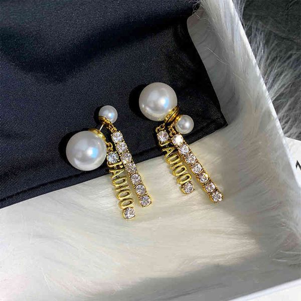 

super discount 75% off family long pearl letter female 925 silver needle temperament high-grade feeling versatile two earrings, Golden