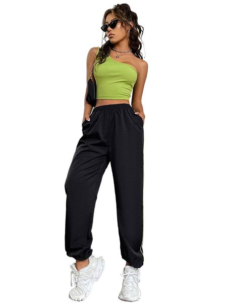 

one shoulder & contrast piping slant pockets pants 77y6#, White