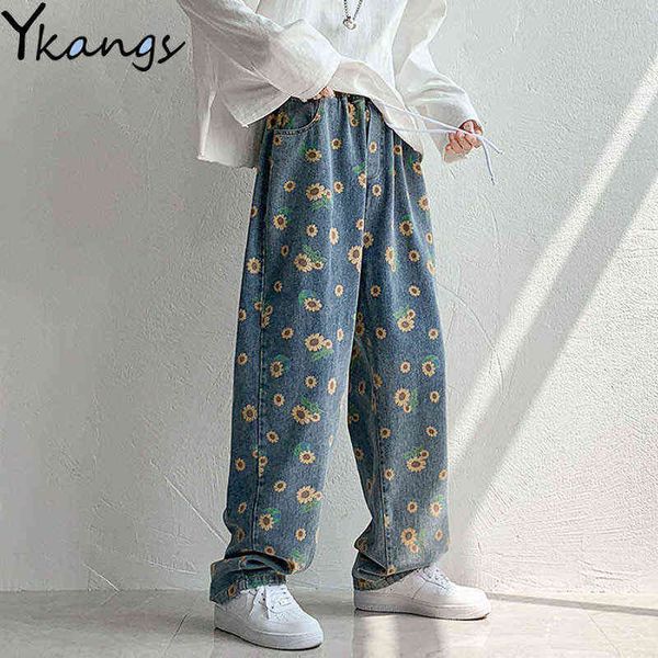 

plus size loose sunflower printed jeans women loose blue wide leg denim pants hip hop high waist flower pattern joggers harajuku t220728