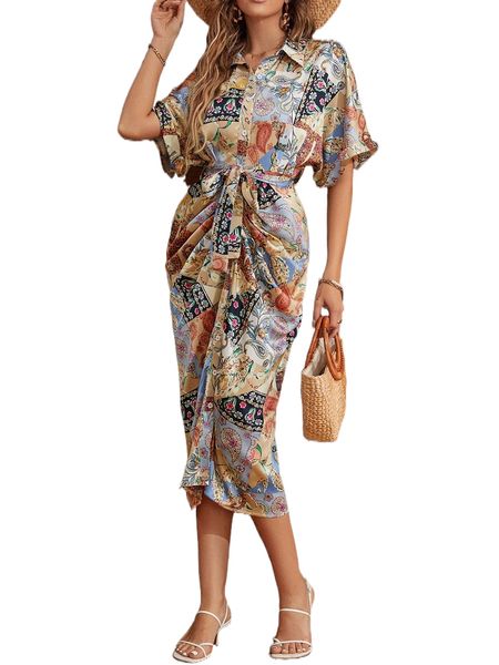 

paisley print batwing sleeve belted satin shirt dress j0dk#, Black;gray