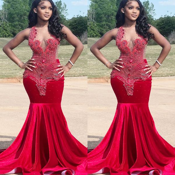 2022 Plus Size Arabo Aso Ebi Red Mermaid Abiti da ballo di lusso Sexy Velluto da sera Festa formale Secondo ricevimento Compleanno Abiti di fidanzamento Abito ZJ889