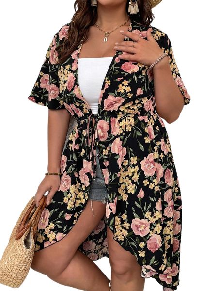 

plus floral print tie front kimono u6kj#, Black;gray