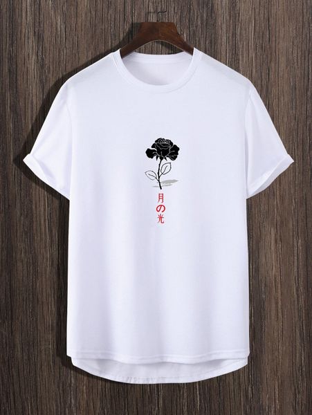 

men floral and japanese letter graphic high low hem tee 38yi#, White;black