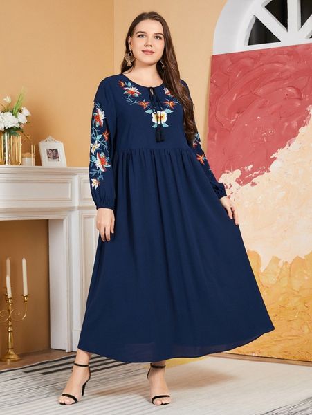 

plus floral embroidery tassel tie front dress h92r#, Black