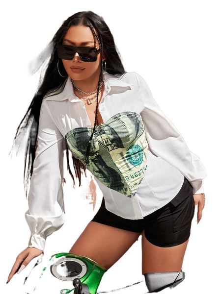 

dollar print bandana tube & bishop sleeve button up shirt o8w2#, White
