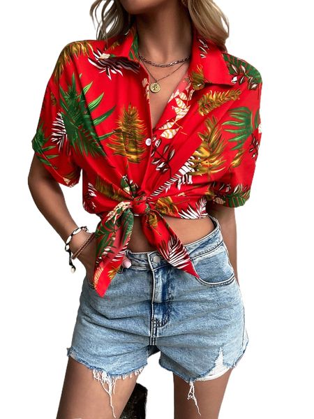 

tropical print drop shoulder button front blouse m0xd#, White