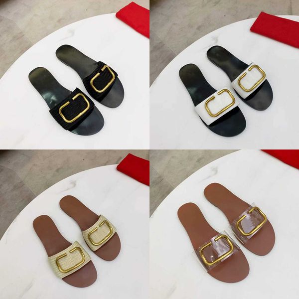 Дизайнерские женские тапочки V Signature Slide Sandal Прозрачные сандалии Воловья кожа Туфли на плоской подошве Летние пляжные повседневные тапочки Шлепанцы NO350